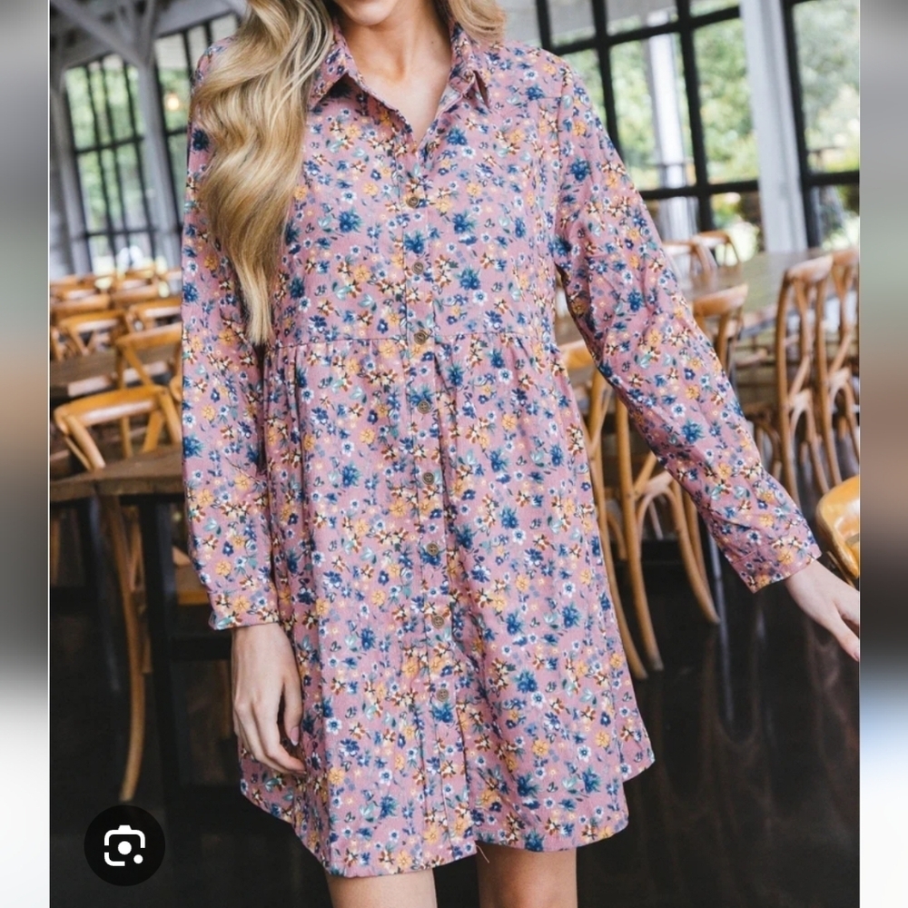 Umgee-Floral Corduroy Shirt Babydoll Dress Long Sleeve Boho-Size Large